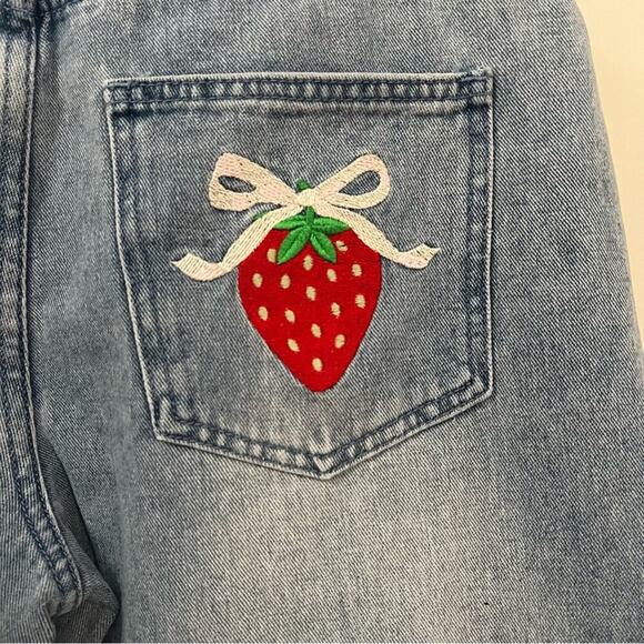 Forever 21 Blue Wide Leg Embroidered Strawberry Bow Jeans Size Large - Picture 9 of 16